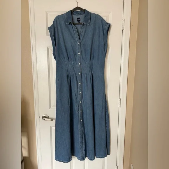 Gap Fit and Flare Midi Shirt Dress Pleat Waist Denim Roll Cuff Medium Wash XLT - Picture 2 of 12